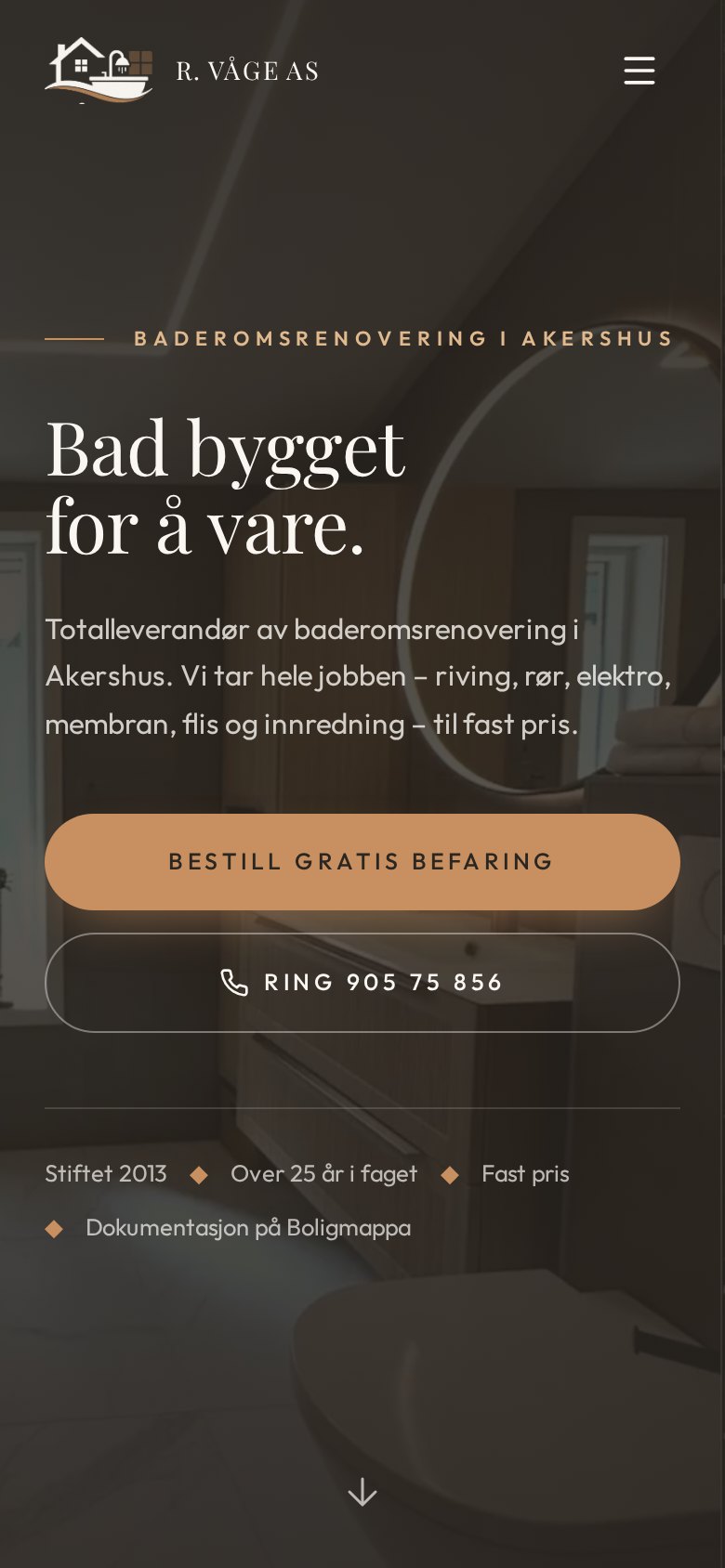 Forsiden av nettsiden til R. Våge AS, vist på mobil